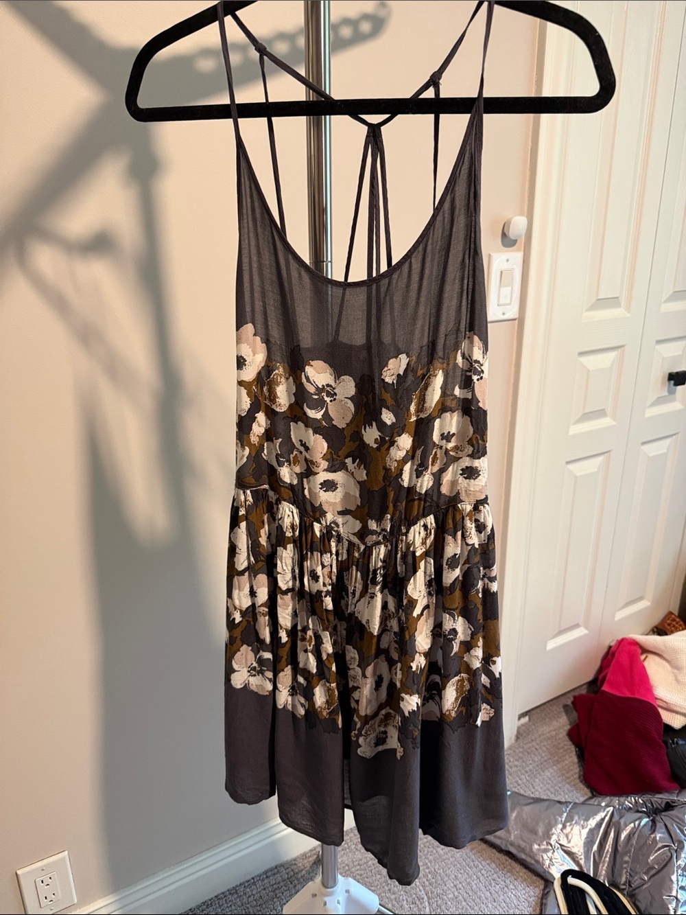 Free People Black Floral Slip Dress with Cream & Olive Print